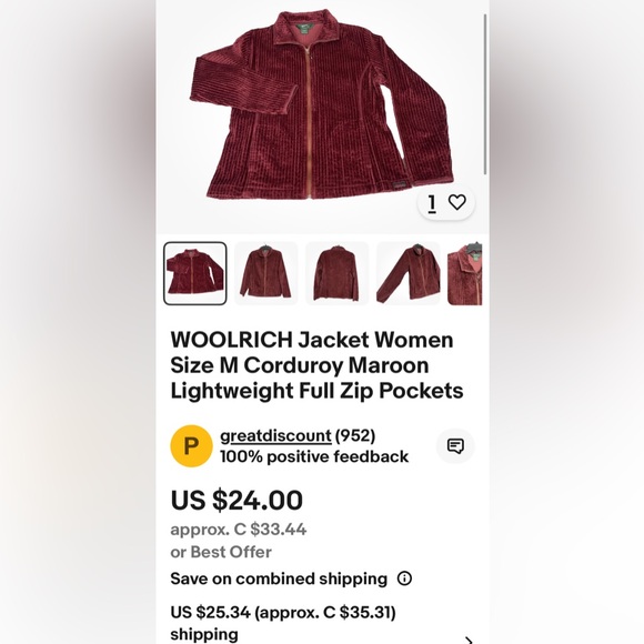 Women’s Woolrich Kinsdale Corduroy Burgundy Full Zip Jacket, Pockets! Size L - Picture 11 of 17